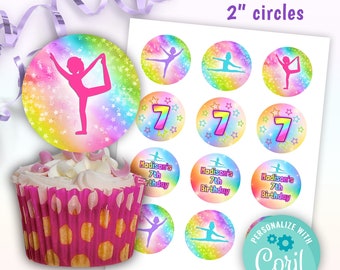 gymnastics party cupcake toppers editable template | printable gymnastics 2 inch circles instant download | rainbow colors
