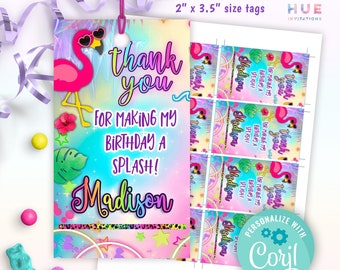 May include: Editable favor tags with a pink flamingo, rainbow, and stars design. The tags are 2 inches by 3.5 inches and say "Thank you for making my birthday a splash!" with the name Madison.