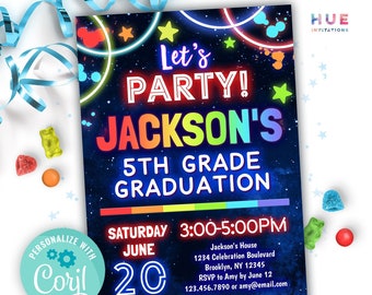 invitación a la fiesta de graduación de quinto grado para niños, descarga instantánea / celebración del fin del año escolar, invitación a la fiesta intensificadora para niño o niña