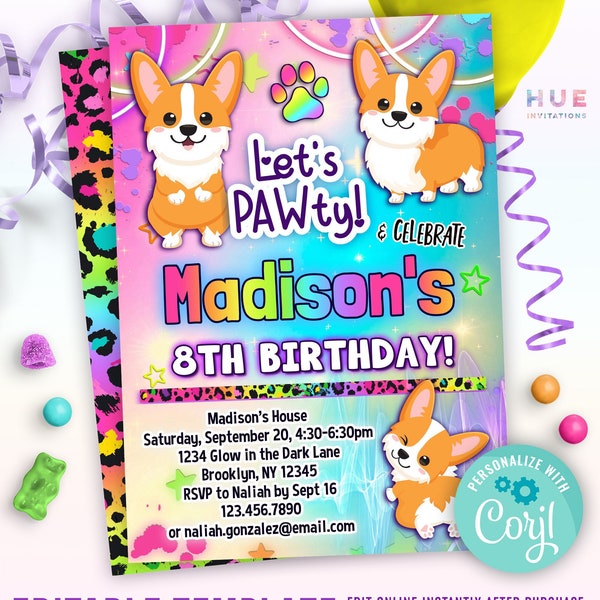 cute corgi birthday party invitation editable template | corgi birthday pawty invites | rainbow corgis party invitations