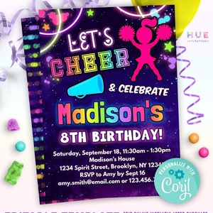 cheerleading birthday party invitation editable template | rainbow cheerleader theme birthday invite for kids instant download