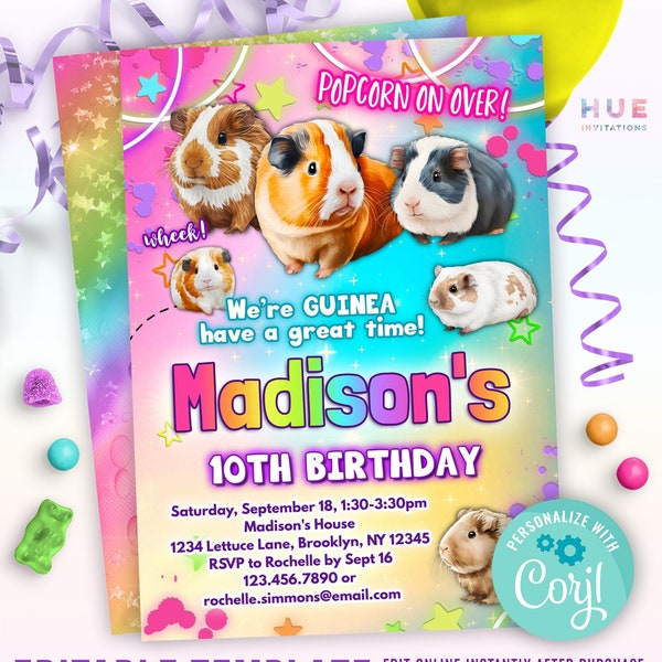 guinea pig birthday party invitation editable template | girls guinea pigs theme birthday invite for kids | print or text / email