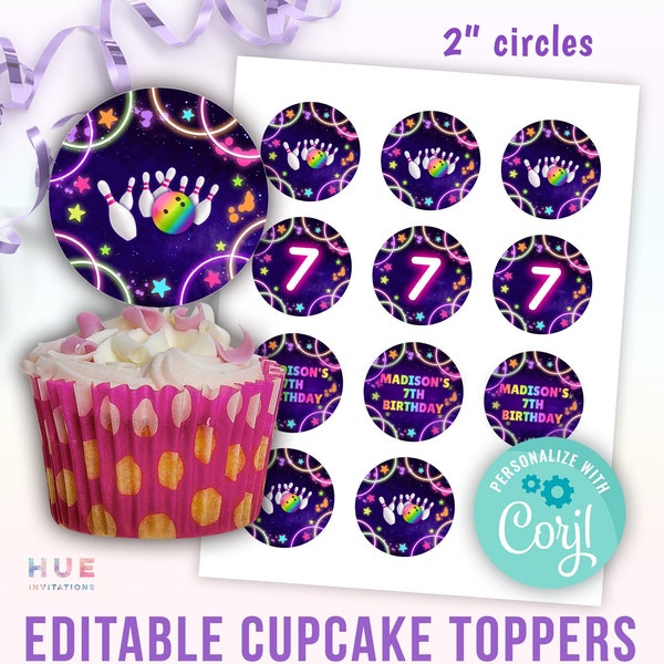 bolos fiesta de cumpleaños cupcake toppers plantilla editable / bolos brillantes imprimibles círculos de 2 pulgadas descarga instantánea