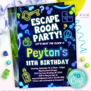 Geburtstagsparty Einladungskarten | Kids Escape Room Einladungskarte zum Kindergeburtstag für Mädchen & Jungen | Arcade Mystery Escape Spiel einladen