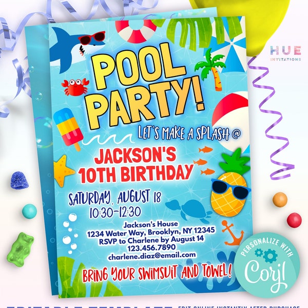 boys pool party invitation | shark and pineapple pool party birthday invitation editable template | summer pool party tropical theme invite