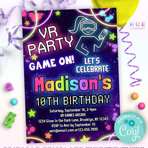girls virtual reality birthday party invitation editable template | augmented reality VR party invite for kids