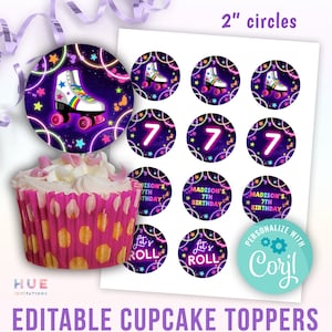 May include: Editable cupcake toppers featuring a neon roller skate design with a purple and black background. The toppers include a roller skate, the number 7, and the text "Let's Roll".
