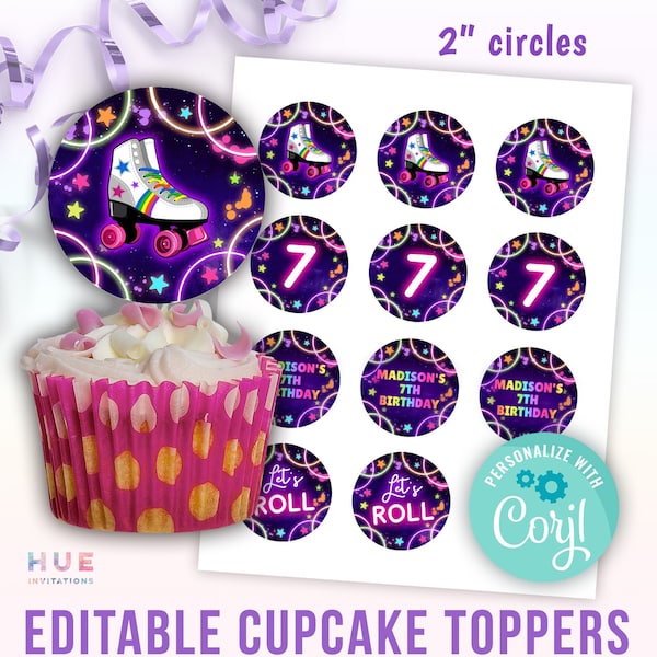 roller skate party cupcake toppers instant download | girls glow skating birthday 2 inch circles editable templates | instant download