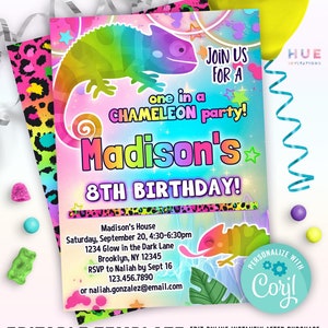 rainbow chameleon birthday party invitation | chameleon theme party invites for kids | one in a chameleon editable template