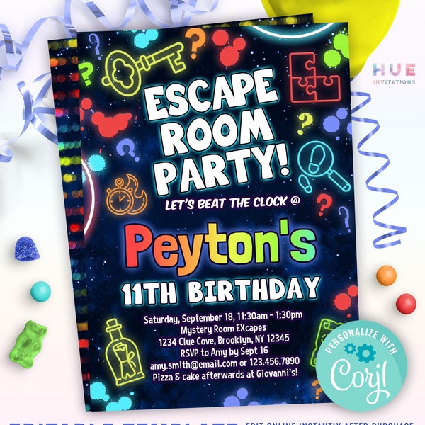 kids escape room party invitation editable template | escape room theme birthday invitation for boys & girls | bright neon rainbow colors