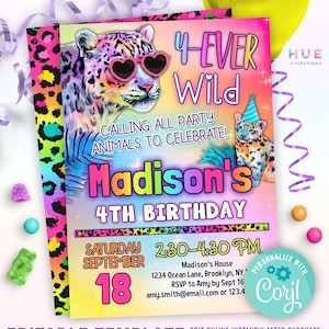 colorful 4 ever wild party invitation | neon rainbow leopard 4th birthday invitation for girls | party animals theme invite template