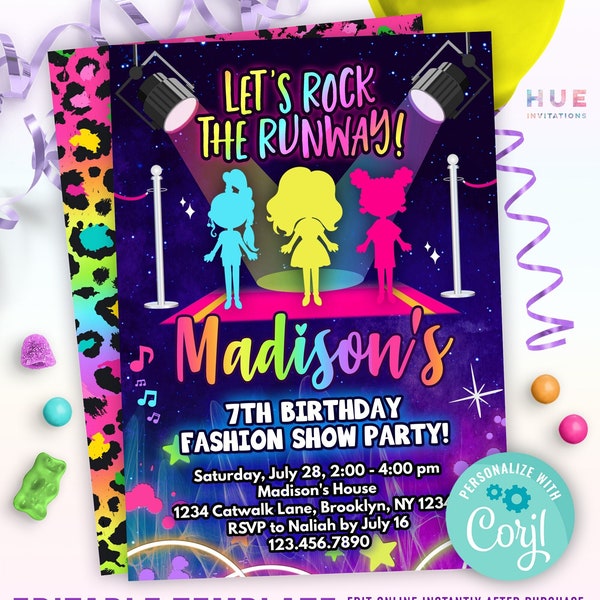 rock the runway fashion show birthday invitation | dress-up party invite for girls | runway fashion theme party invites editable template