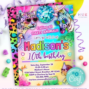 disco party animals birthday invitation for girl | rainbow disco ball safari animals birthday invite editable template | leopard zebra lion