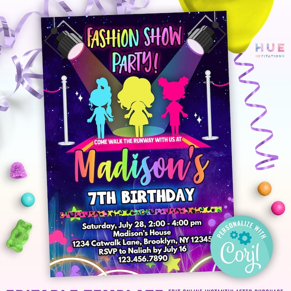 fashion show birthday invitation editable template | dress-up party invitation for girls | rainbow runway fashion theme party invites