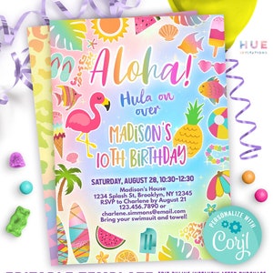 aloha birthday invitation for girl | Hawaiian leopard luau theme party invitation | hula on over tropical pineapple & flamingo birthday