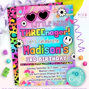 THREEnager 3rd birthday party invitation editable template | girls rainbow leopard threenager theme birthday invite