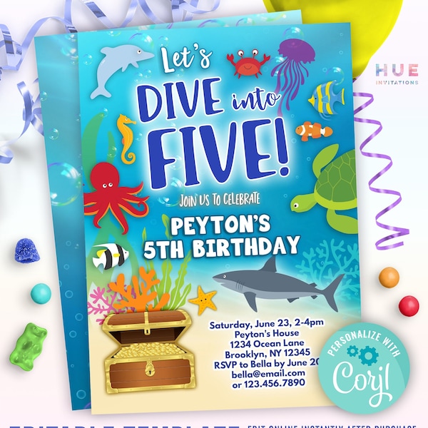 dive into five 5th birthday invitation for boy or girl | under the sea ocean animals theme aquarium 5th birthday party invite