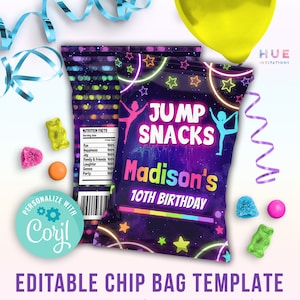 gymnastics birthday chip bag labels editable template | girls rainbow glow jump tumble & play chip snacks bag template for party favors