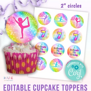 gymnastics party cupcake toppers editable template | printable gymnastics 2 inch circles | rainbow colors