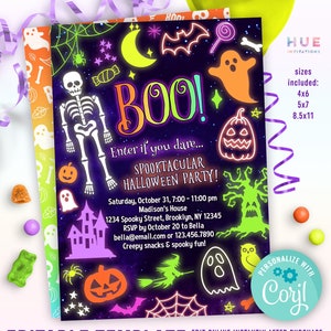 neon Halloween party invitations | spooktacular Halloween costume party invites | kids spooky Halloween invites neon colors image 6
