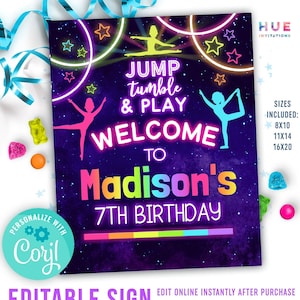 editable welcome sign for girls gymnastics birthday party | neon rainbow jump tumble & play party sign printable template