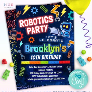 Peut inclure: Une invitation de fête d'anniversaire bleue et noire avec un robot tenant un ordinateur portable. L'invitation indique "Robotics Party" et "Let's Celebrate Brooklyn's 10th Birthday".