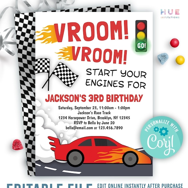 VROOM VROOM race car birthday invitation instant download | start your engines car racing party invite template | any age boy or girl