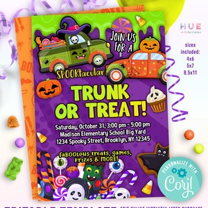 May include: A Halloween-themed invitation with a purple background and orange and green accents. The design features cartoon cars, pumpkins, and the text "TRUNK OR TREAT!" and "SPOOKtacular". Includes editable template information.