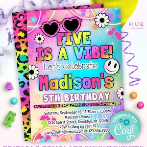 FIVE is a vibe 5th birthday party invitation editable template | groovy rainbow leopard daisy & smiley 5th birthday invite for girls