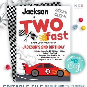 race car TWO fast 2nd birthday invitation instant download | boy or girl red black white car racing 2nd birthday party invitation template