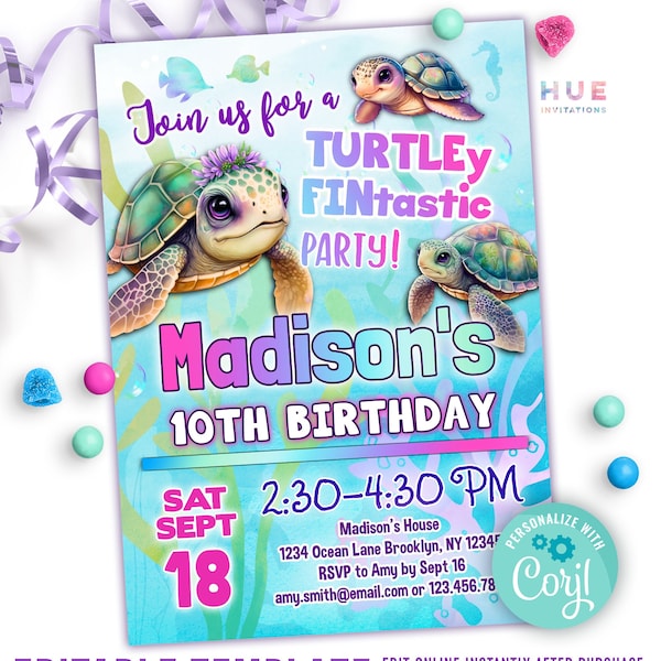 leuke zeeschildpad verjaardagsfeestje uitnodiging | TURTLE-y FIN-tastische zeeschildpad verjaardagsuitnodiging voor meisjes | oceaanschildpad partij bewerkbare sjabloon