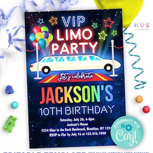 white limo party invitation editable template | boys and girls VIP limousine birthday invitation