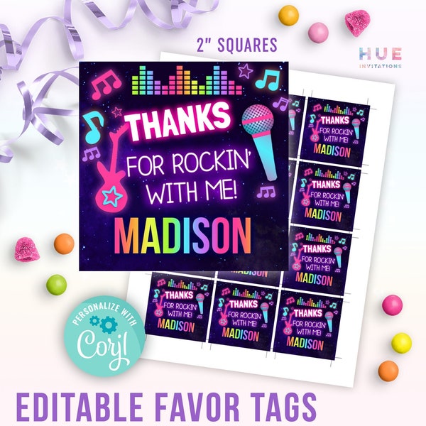 rock star birthday party favor tags instant download | thanks for rockin' with me bright rainbow music thank you tag editable templates