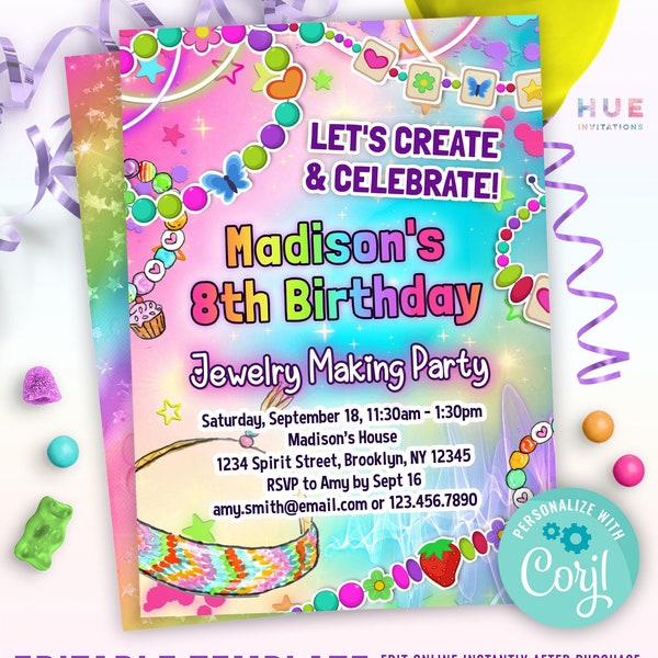 Modèle modifiable d'invitation à une fête de fabrication de bijoux | invitations de fête d'anniversaire de bijoux de filles | Créez et célébrez une fête de bracelets d'amitié