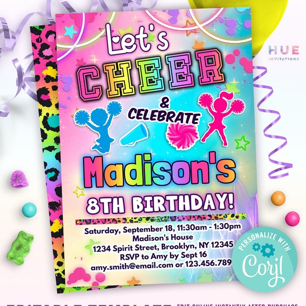 rainbow cheerleading birthday invitation editable template | leopard cheerleader theme party invite for kids instant download