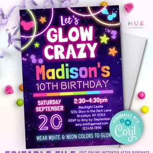 let&#39;s glow crazy birthday party invitation editable template | girls neon glow party birthday invites | glow-in-the-dark theme party