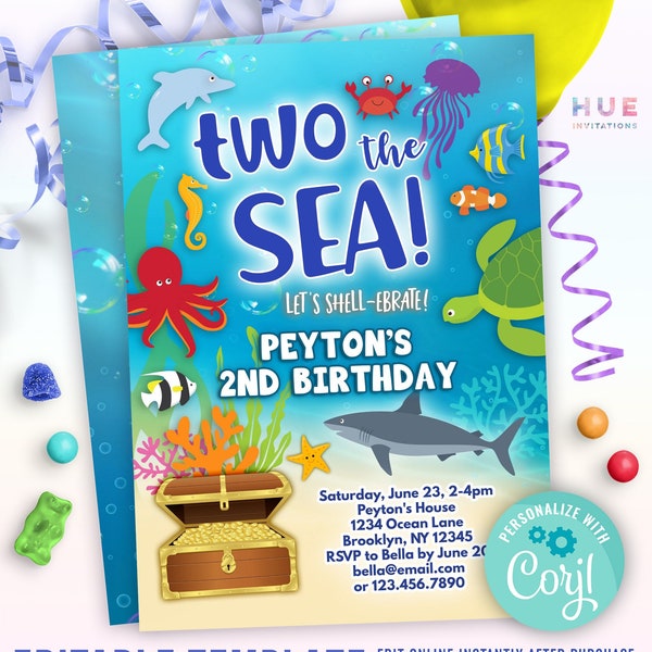 TWO the sea 2nd birthday invitation for boy or girl | under the sea ocean animals theme aquarium second birthday party invite