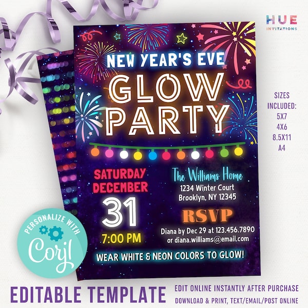 New Year's Eve glow party invitation editable template | NYE glow in the dark neon celebration | New Years blacklight countdown party invite