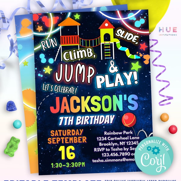 playground birthday invitation for boys and girls | rainbow park party birthday invite | run slide climb jump and play playground invitation