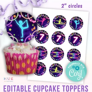 rainbow gymnastics birthday party cupcake toppers editable template | printable gymnastics 2 inch circles