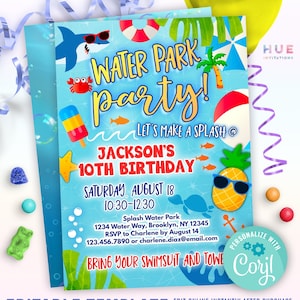 boys water park birthday invitation template shark & pineapple waterpark party invite summer waterslide invitation image 1