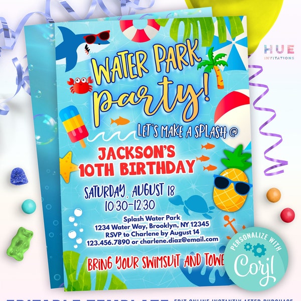 boys water park birthday invitation template | shark & pineapple waterpark party invite | summer waterslide invitation