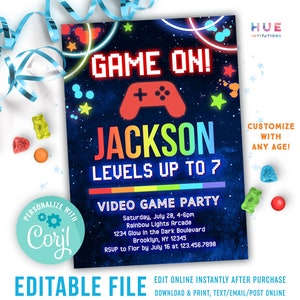 video game invitation instant download | printable rainbow video game birthday party invitation editable template | game on level up