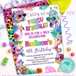 Linda invitación de cumpleaños de animales de fiesta, plantilla editable de cualquier edad/invitación de animales de fiesta de arcoíris para niñas/cumpleaños temático de animales de safari