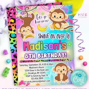 girls monkey birthday party invitation editable template | cute monkey party invites for kids | go bananas swing on over invitation