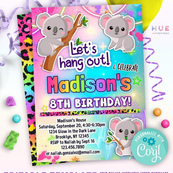 cute koalas birthday party invitation editable template | let's hang out koala party invites | rainbow bright colors for kids