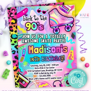 May include: A colorful birthday party invitation with a 90's theme. The invitation features a rainbow roller skate, a boombox, and a lava lamp. The text on the invitation reads "Back to the 90's" and "Join us for a totally awesome skate party!"  The invitation is for Madison's 12th birthday party. The party is on Saturday, July 28th from 2:00 to 4:00 pm at the Retro Rink & Fun Center. The address is 1234 Cartwheel Lane, Brooklyn, NY 12345. RSVP to Naliah by July 16th at 123.456.7890. Wear a 90's theme outfit and/or neon!  The invitation is editable and can be personalized with Cory!.