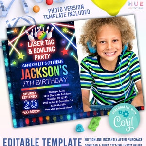 boys bowling laser tag party photo invitation template | glow bowling and laser tag arcade birthday party invite for boy / girl with picture