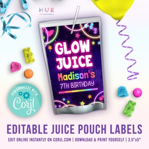 glow party juice pouch labels editable template | girls rainbow glow in the dark blacklight party juice drink label | print your own