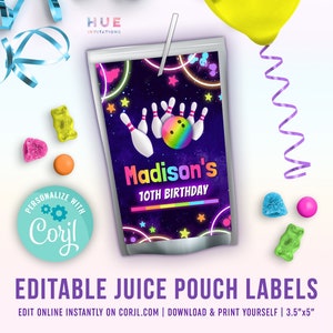 glow bowling juice pouch labels editable template | rainbow girls bowling birthday party juice drink label